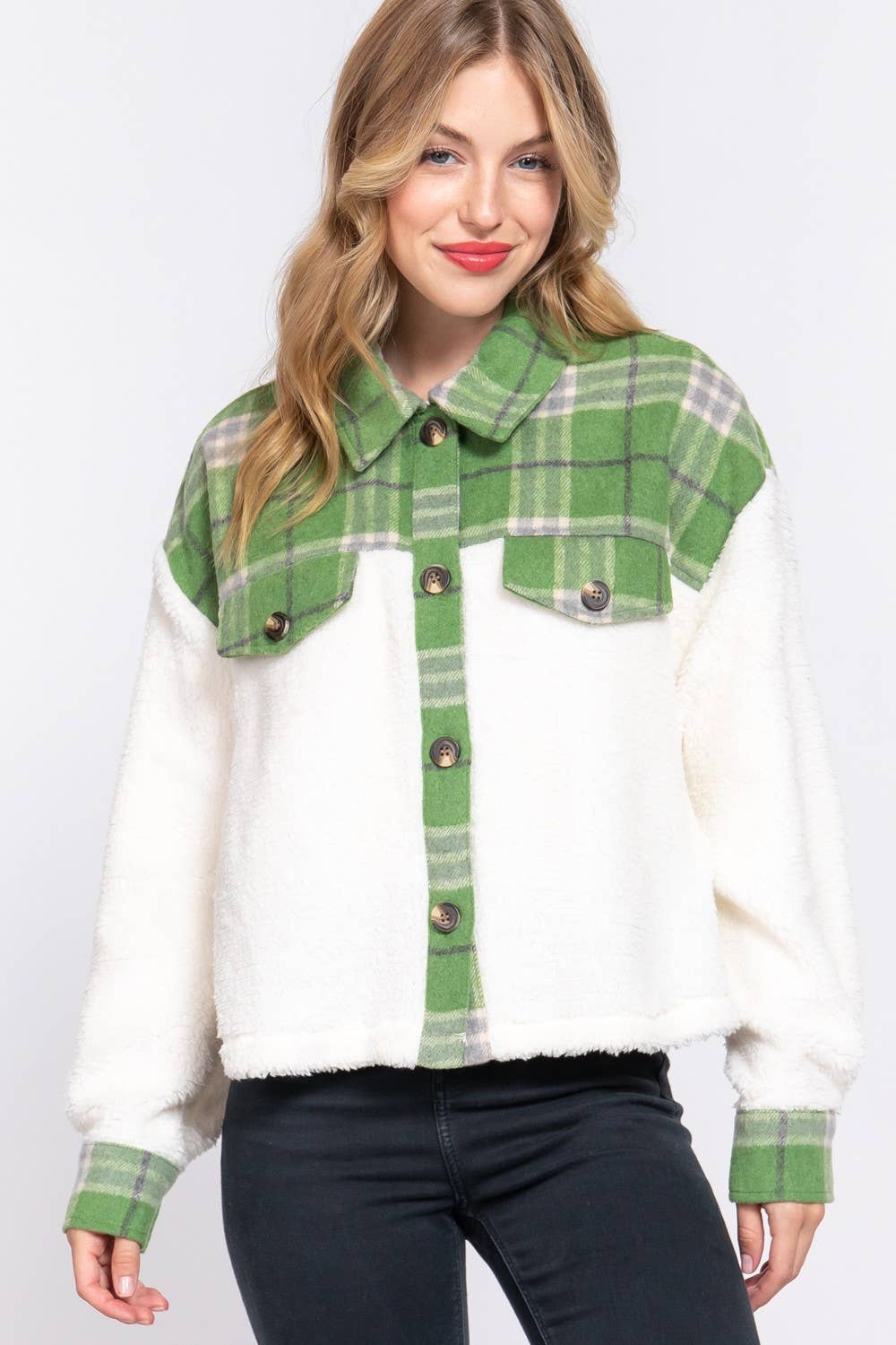 Button Down Plaid Contrast Faux Fur Jacket