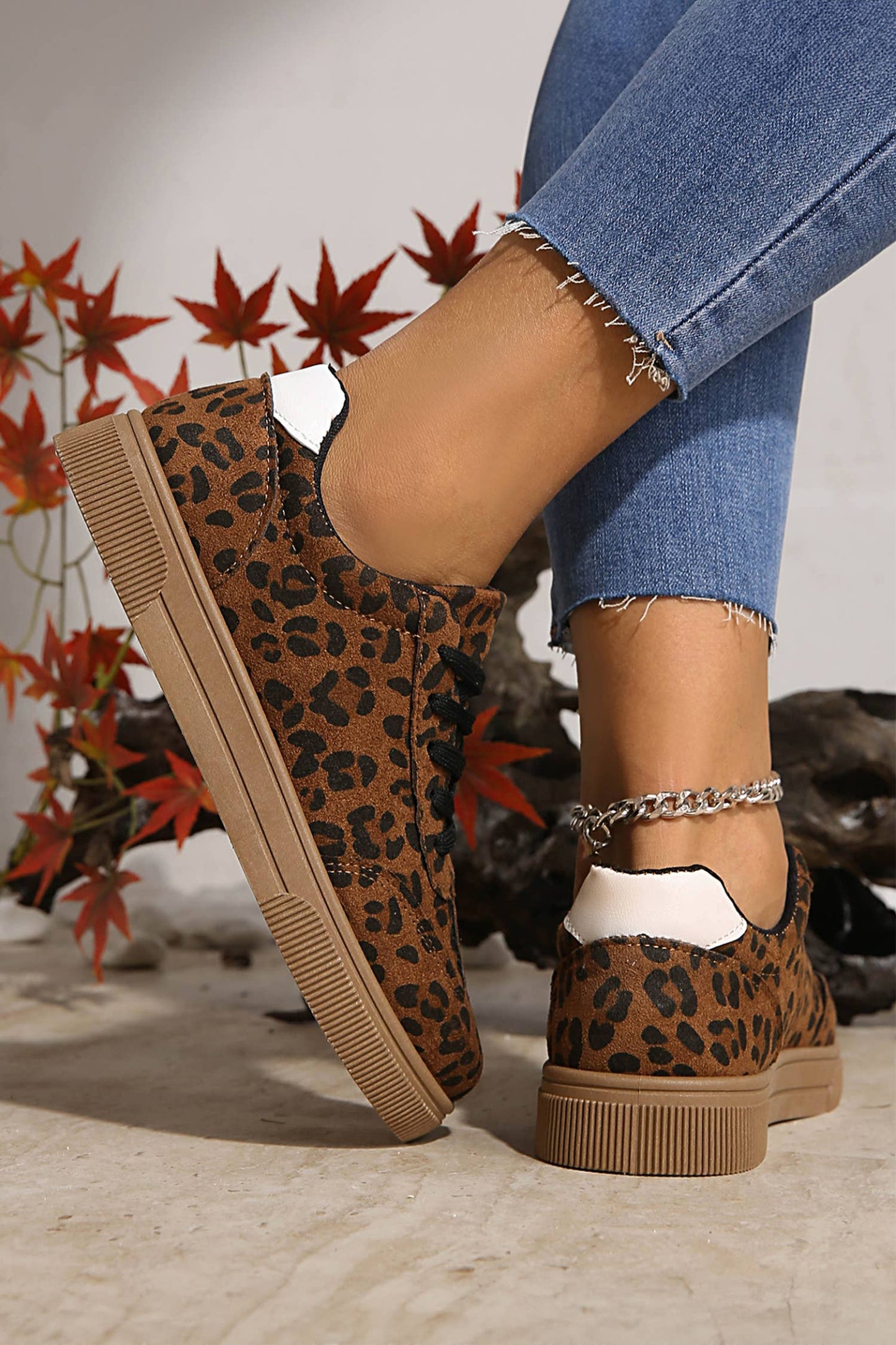 Leopard Print Contrast Heel Tab Patchwork Laceup Shoes
