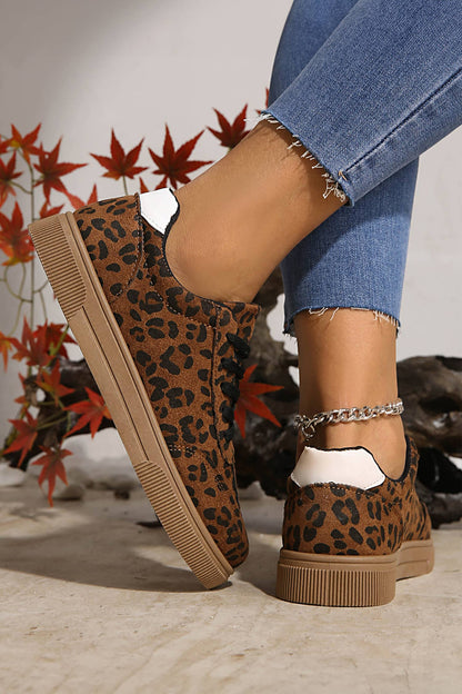 Leopard Print Contrast Heel Tab Patchwork Laceup Shoes