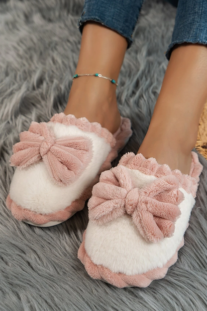 Bow Decor Color Block Ribbed Plush Slippers Gifts
