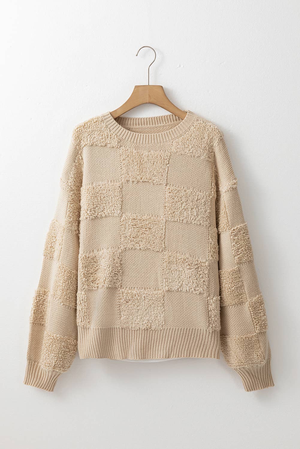 Checkered Sherpa Crew Neck Loose Sweater