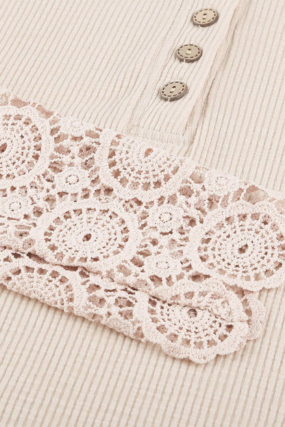 Crochet Lace Hem Sleeve Half-Button Top