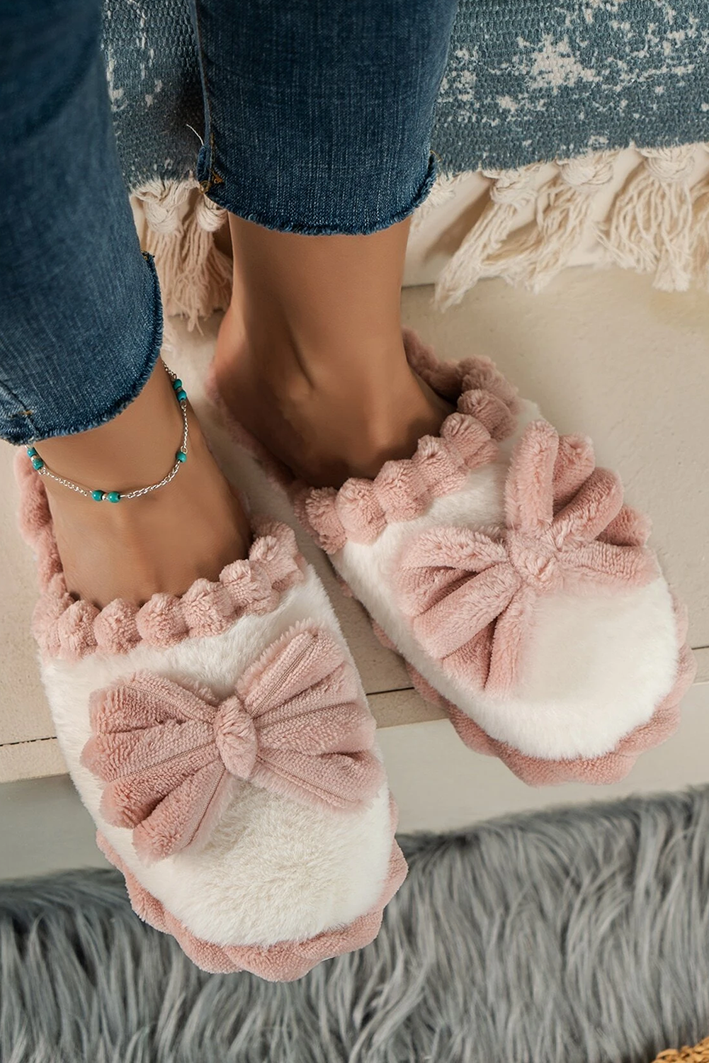 Bow Decor Color Block Ribbed Plush Slippers Gifts