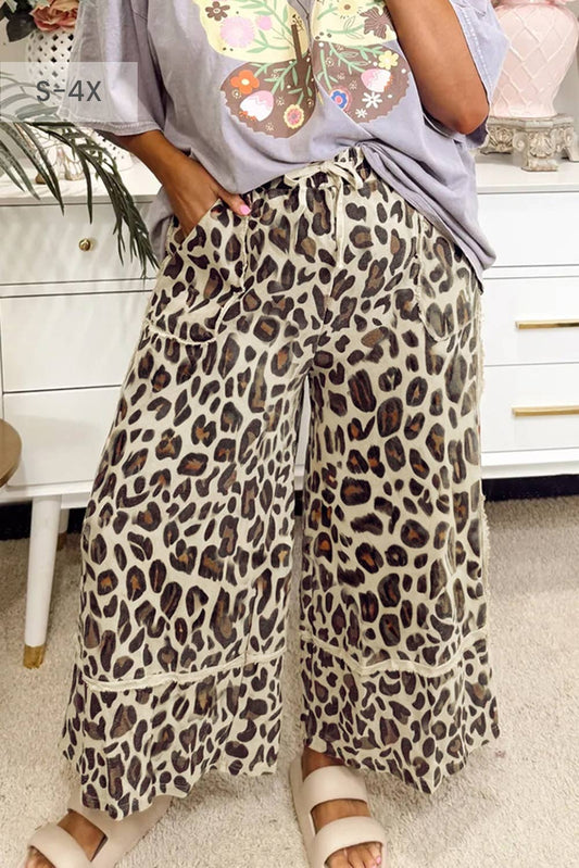 Khaki Leopard Wide Leg Cropped Pants