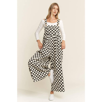 Checkered Denim Wide Leg Overall