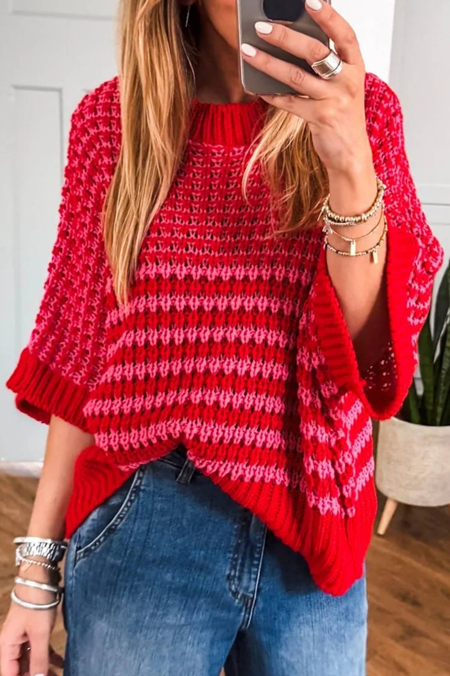 Valentine Color Block 3/4 Draped Sleeve Slouchy Sweater