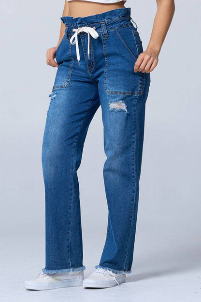 Distress fashion boot cut baggy jeans w/draw string raw edge