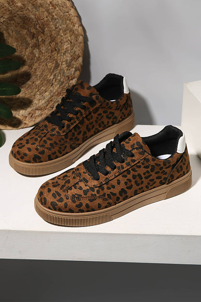 Leopard Print Contrast Heel Tab Patchwork Laceup Shoes
