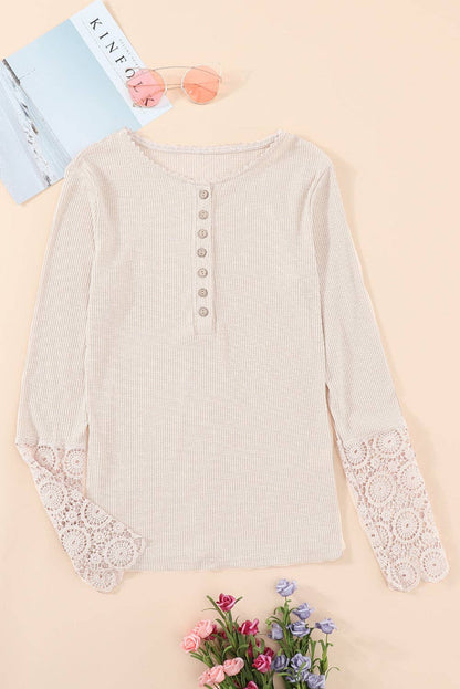 Crochet Lace Hem Sleeve Half-Button Top