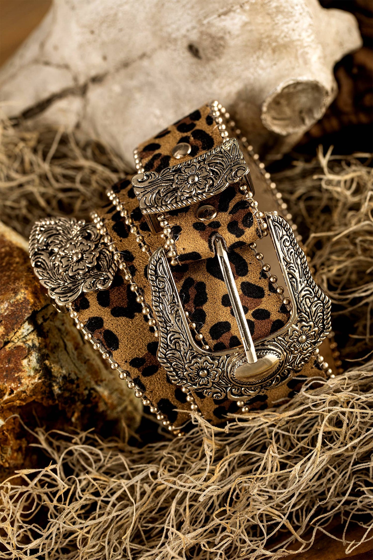 Leopard Beading Trim Retro Embossed Hardware PU Waist Belt