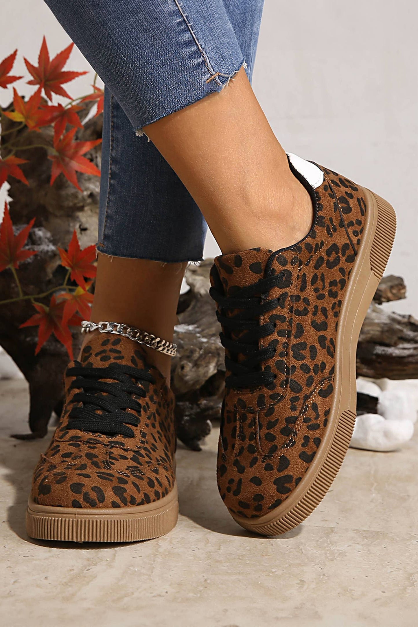 Leopard Print Contrast Heel Tab Patchwork Laceup Shoes