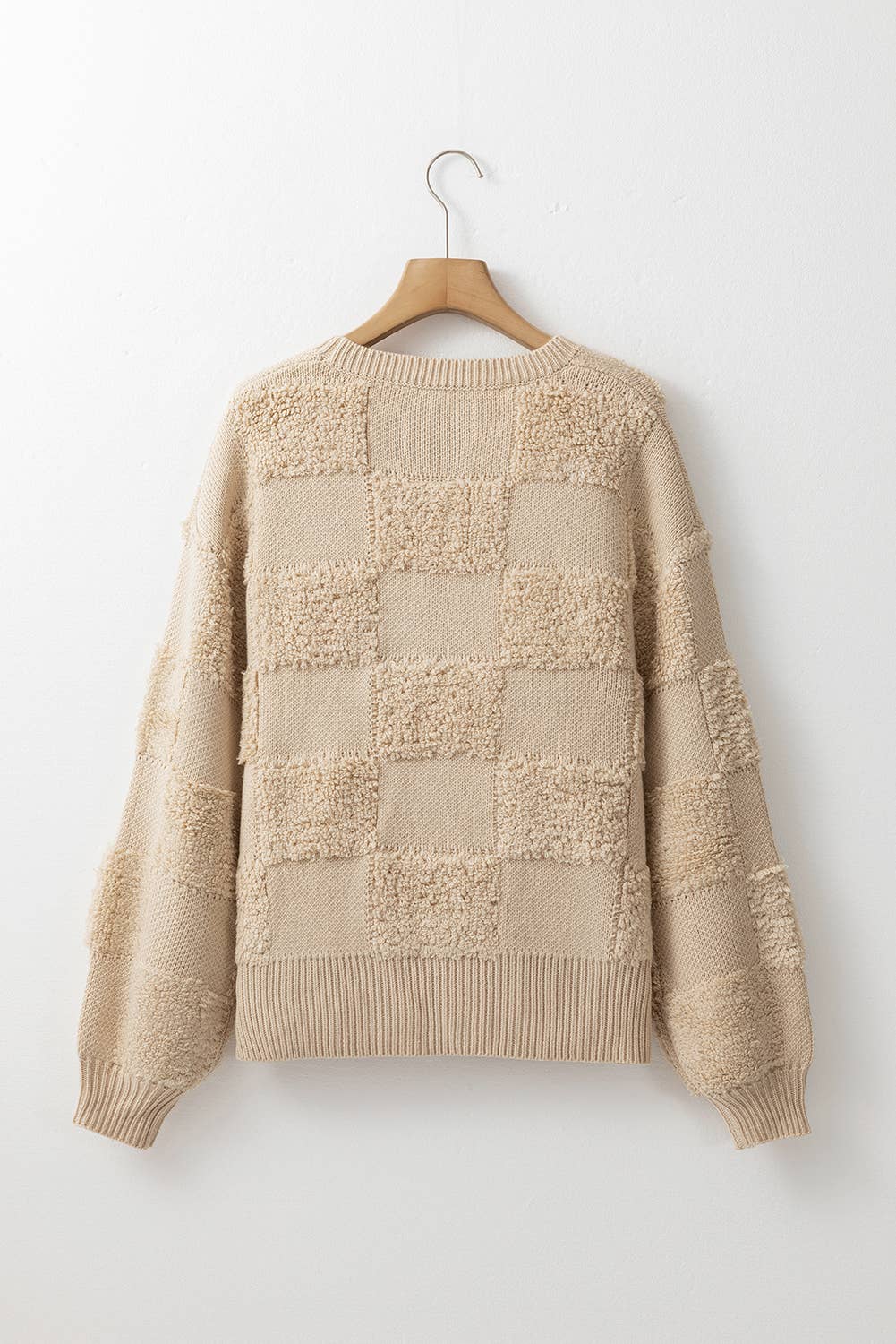 Checkered Sherpa Crew Neck Loose Sweater