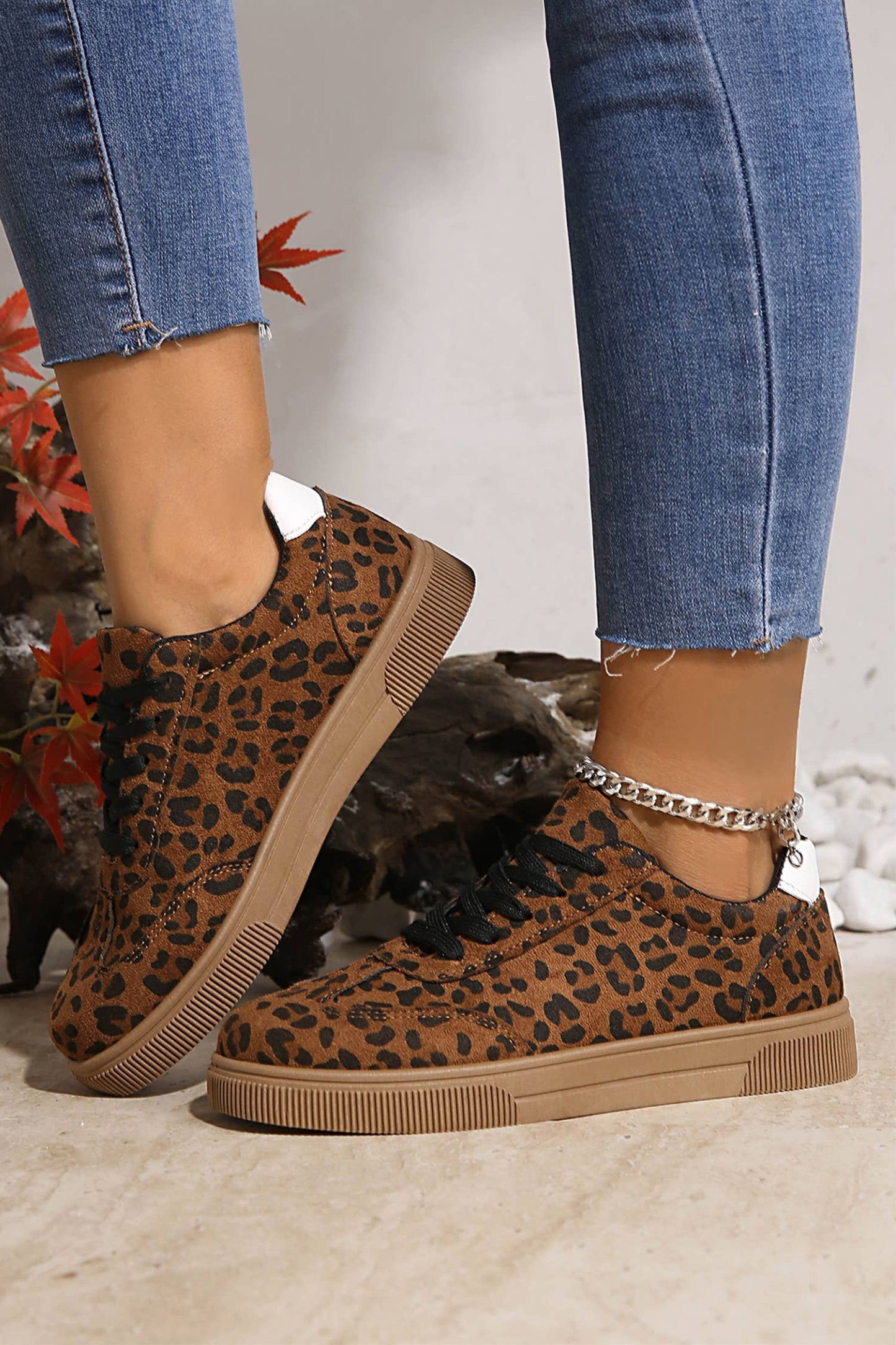 Leopard Print Contrast Heel Tab Patchwork Laceup Shoes