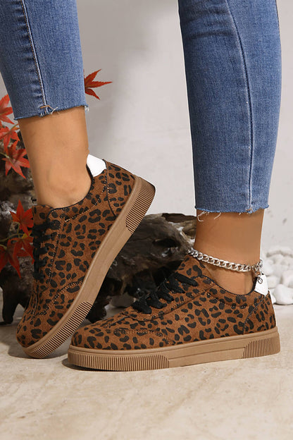Leopard Print Contrast Heel Tab Patchwork Laceup Shoes