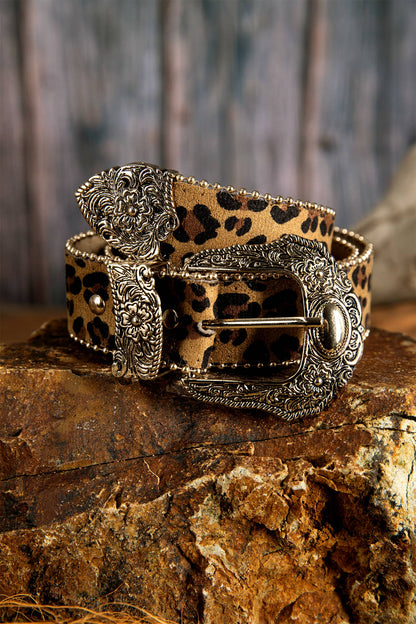 Leopard Beading Trim Retro Embossed Hardware PU Waist Belt