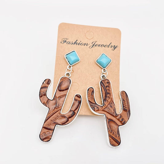 Cactus Embossed Cowhide Turquoise Western Style Earrings