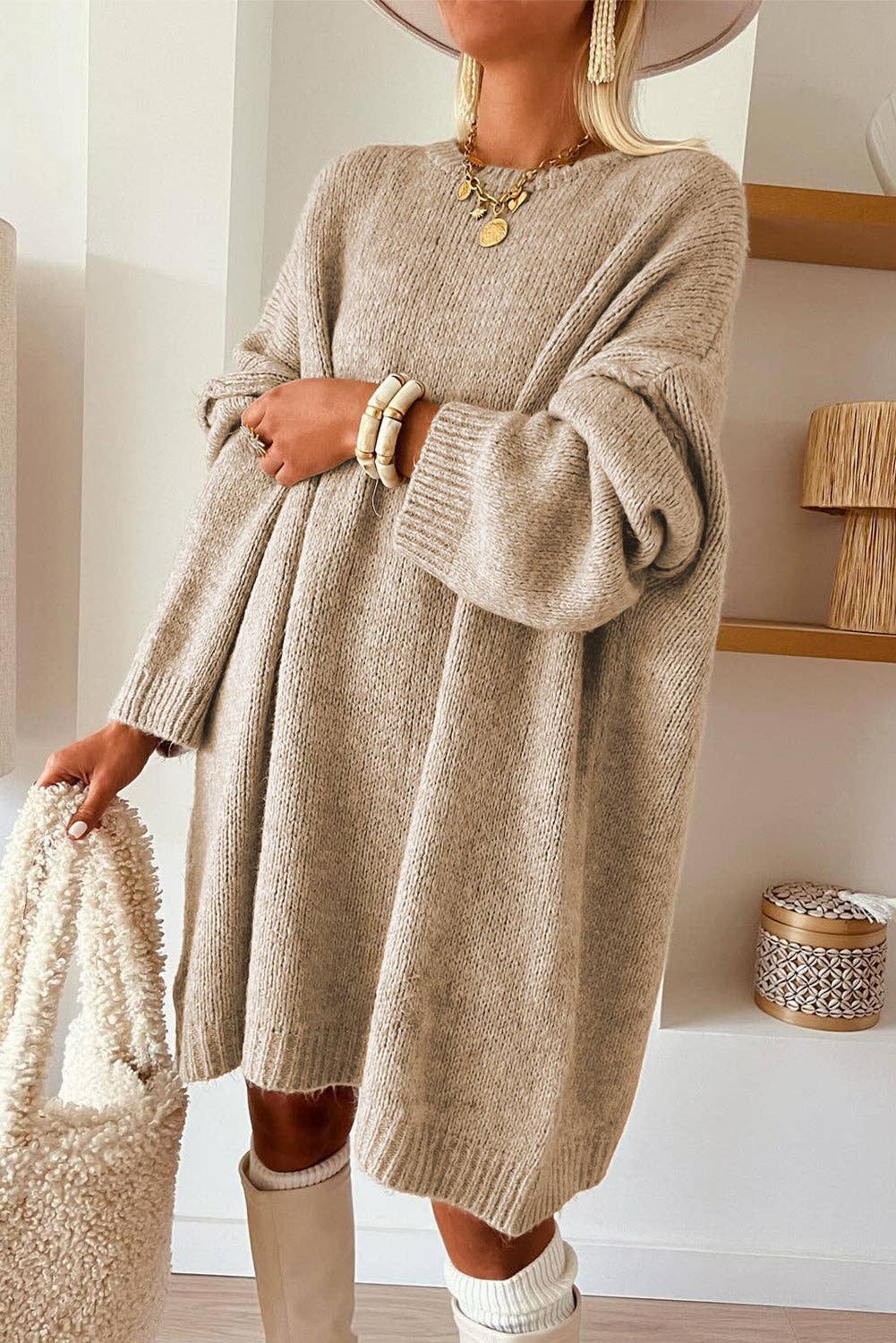 Pale Khaki Exposed Seam Drop Shoulder Oversize Sweater Mini Dress