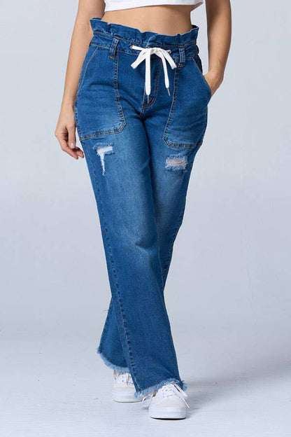 Distress fashion boot cut baggy jeans w/draw string raw edge