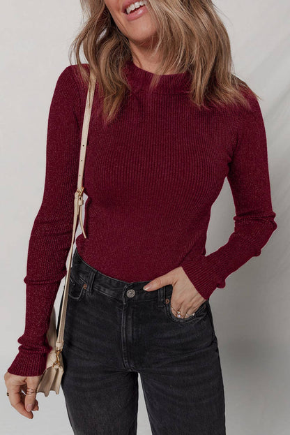 Solid Metallic Ribbed Knit Long Sleeve Top