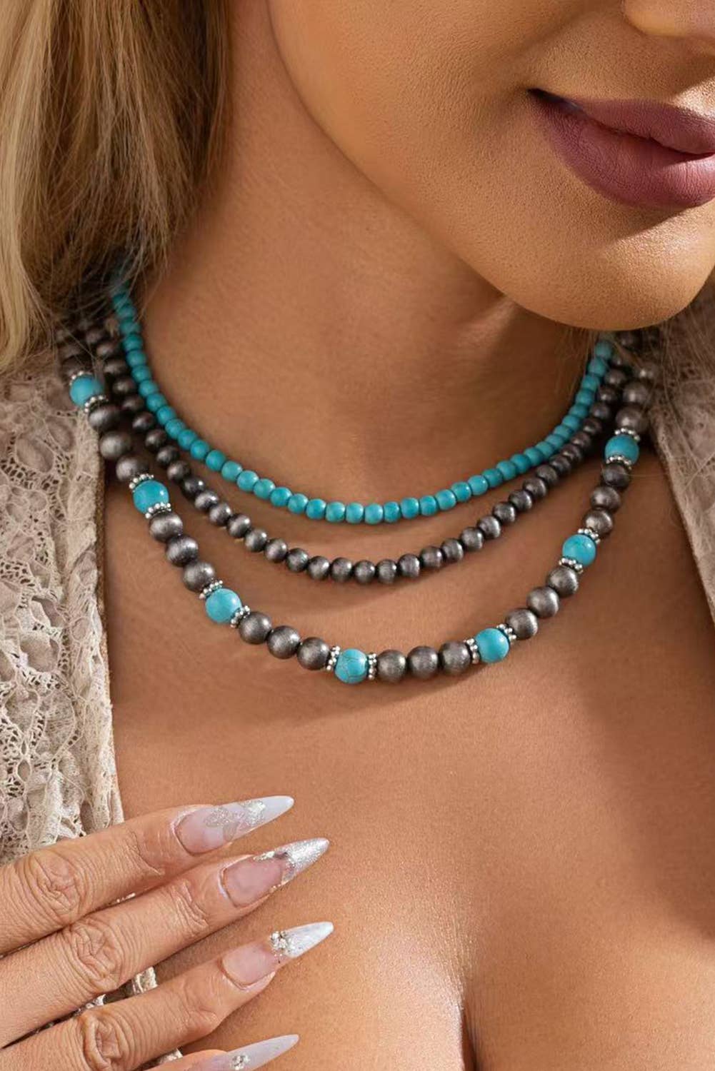 3pcs Turquoise Beading Retro Necklace Set
