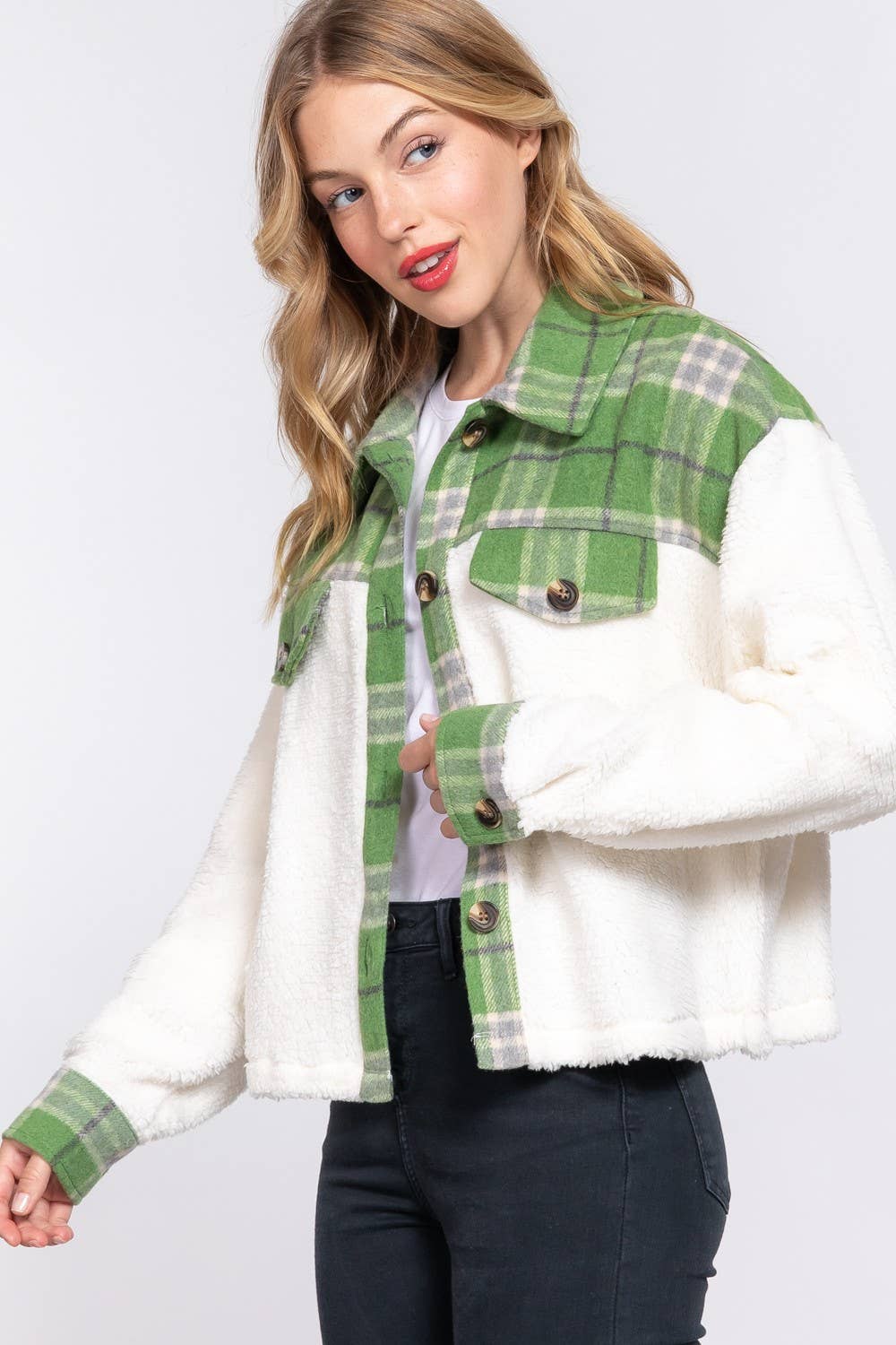 Button Down Plaid Contrast Faux Fur Jacket